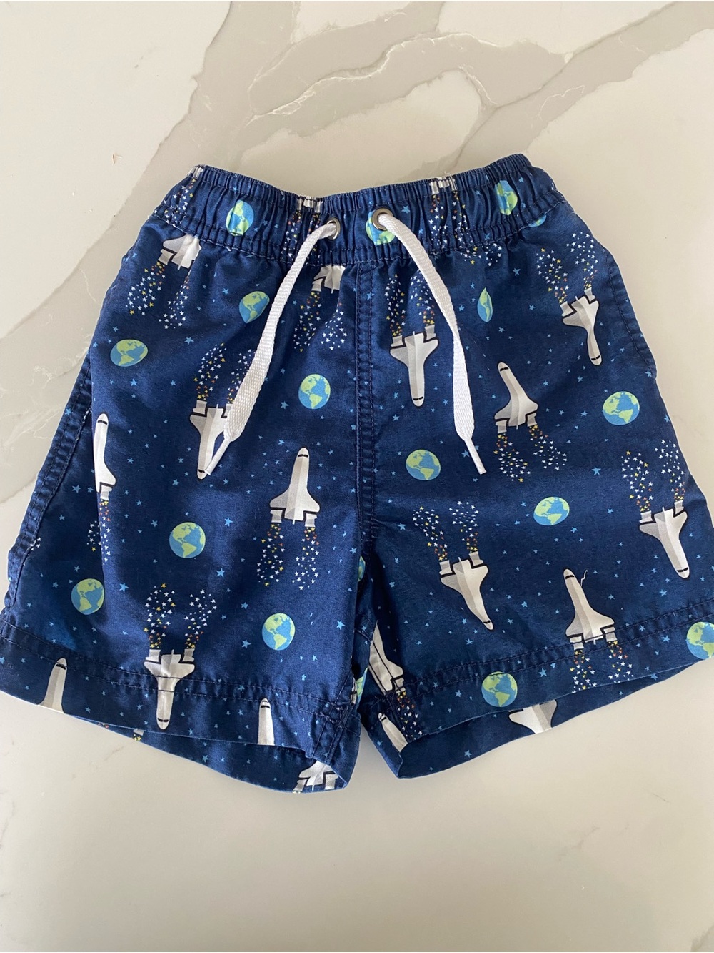Hanna Andersson Boys Blue Space Spaceship Print Swim Trunks 3T Elastic Waist